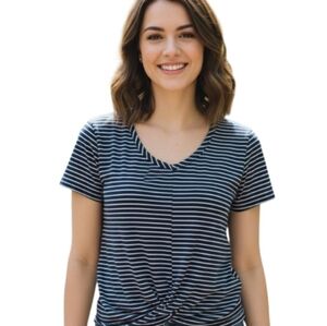 "Haute Monde" Misses Cute (M) Short Sleeve Stripe Top Navy/white